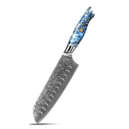 7" Santoku Knife - 3 Layer Folded Steel (Blue Epoxy Handle)