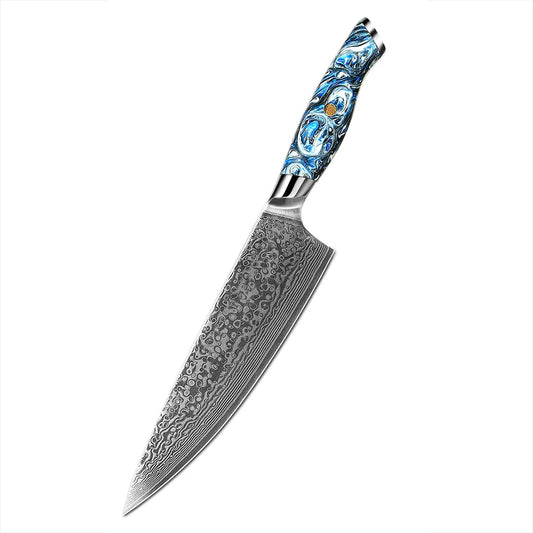 8" Chef Knife - 3 Layer Folded Steel (Blue Epoxy Handle)