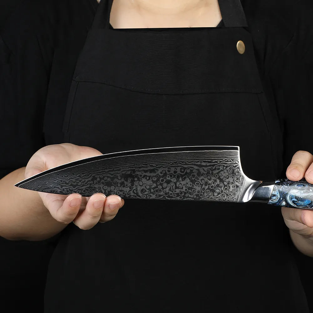 8" Chef Knife - 3 Layer Folded Steel (Blue Epoxy Handle)
